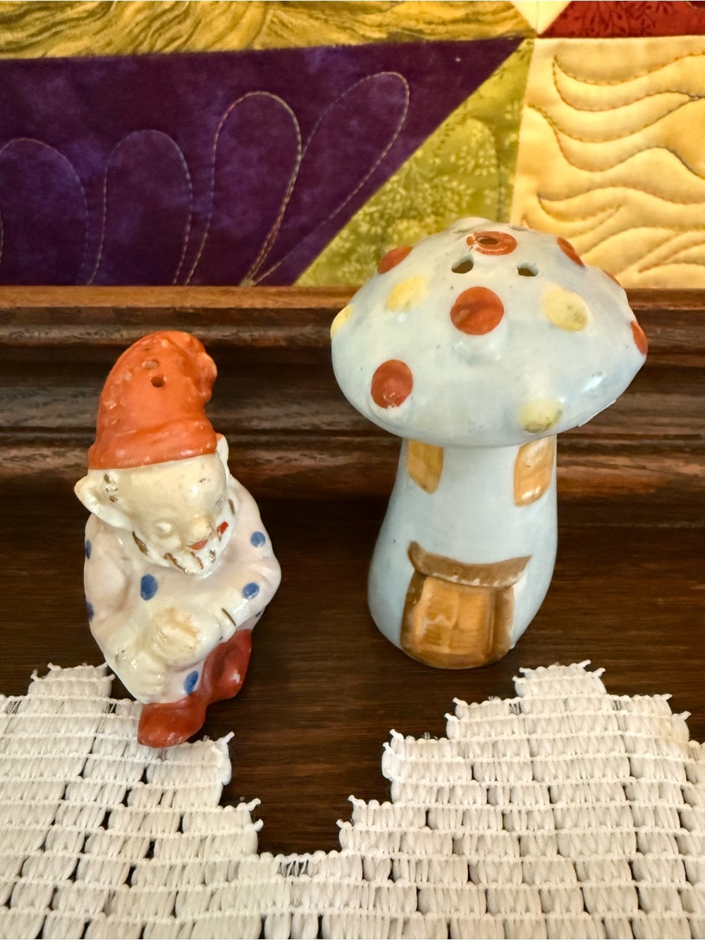Vintage Ceramic Mushroom Toadstool Cottage & Clown Gnome Pixie Shakers Japan MCM